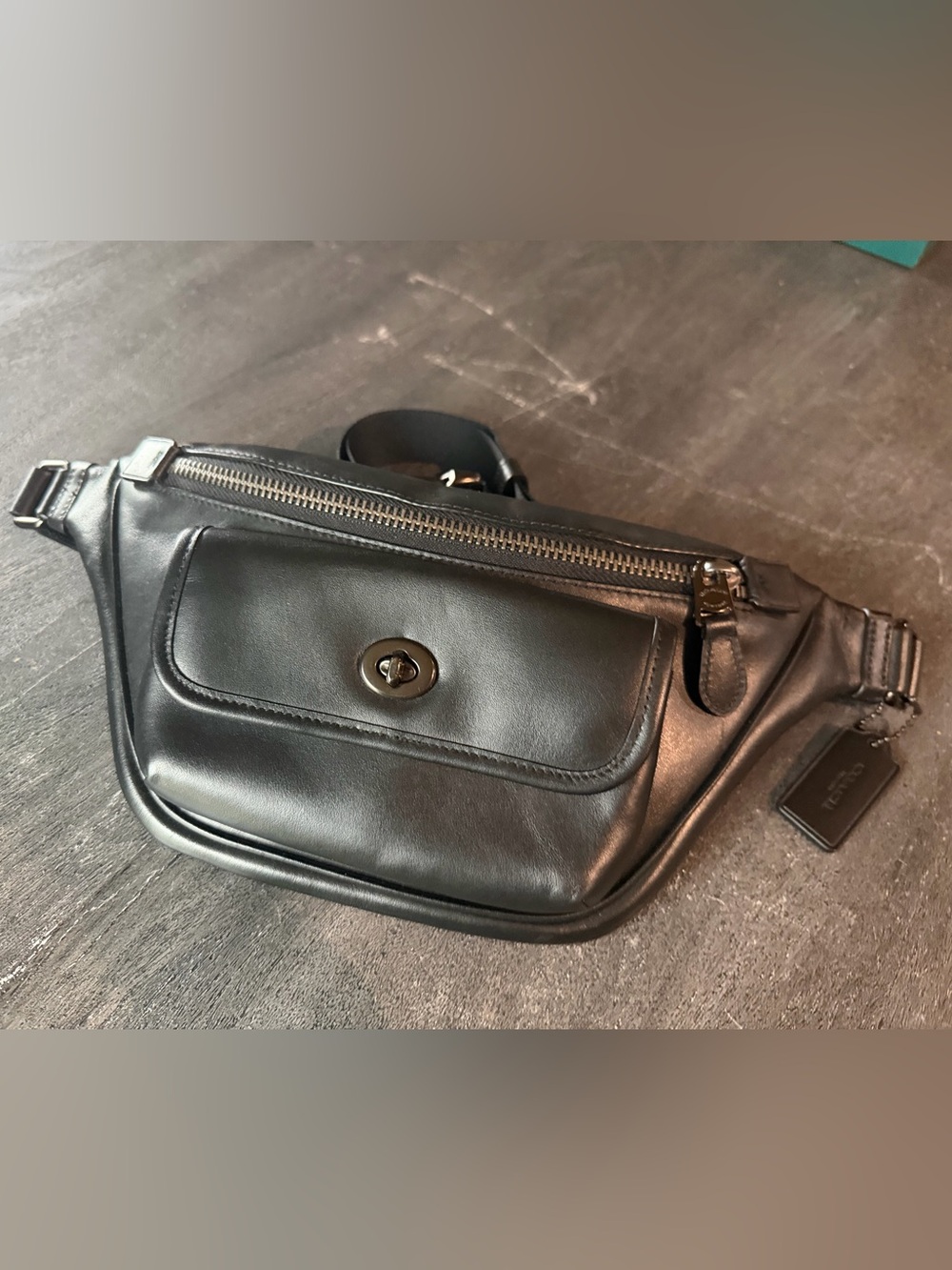 Coach Black Leather Belt Bag with Turnlock Front Pocket